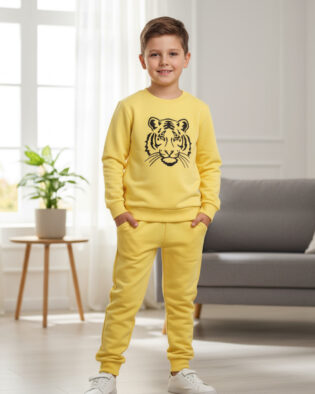 Kinder Trainingsanzug 2-teiliges Set Gelb mit Tiermotiv Tiger Jogginganzug für Jungen und Mädchen