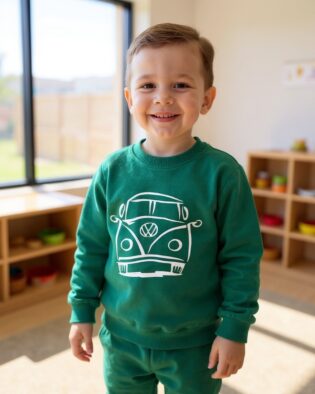 Kinder Trainingsanzug 2-teiliges Set Grün mit Auto Van Bus Jogginganzug für Jungen und Mädchen