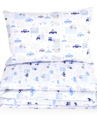 Babybettwäsche mit Autos 80x80 Kissen 35x40 aus 100 % Baumwolle - Weiß mit Auto Motiv für Jungen und Mädchen