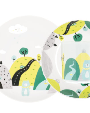 Kindergeschirr Set 3tlg. Porzellan Geschirrset mit lustigem Teddy Motiv für Kinder ab 3 Jahre