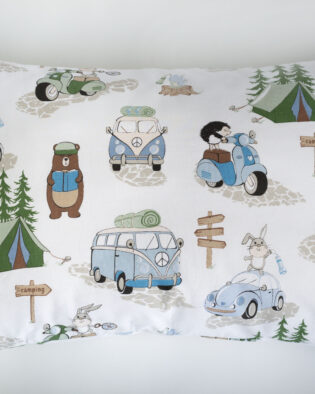 Kinderbettwäsche 100 % Baumwolle 120x90 cm mit Reißverschluss - Weiß mit Camping -Motiv für Jungen und Mädchen