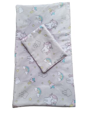 Puppenbettwäsche aus 100 % Baumwolle Pink/Weiß mit Einhorn